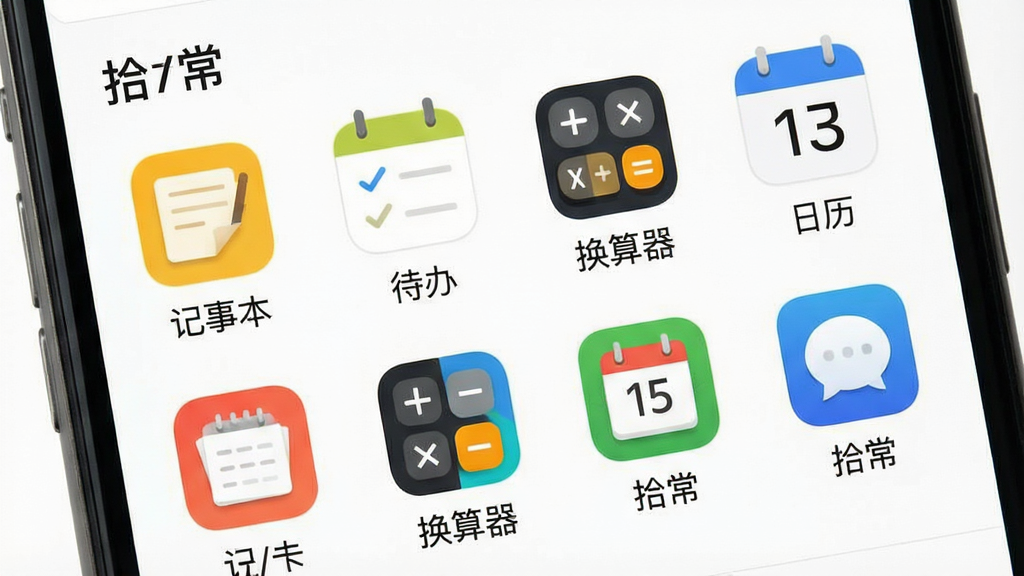 一张手机屏幕截图,显示“拾常”App的功能列表界面,图标排列整齐,包括“记事本”、“待办”、“换算器”、“日历”等图标,每个图标下方有中文名称,背景为纯白色,风格简约,细节清晰,画质干净,无多余元素。