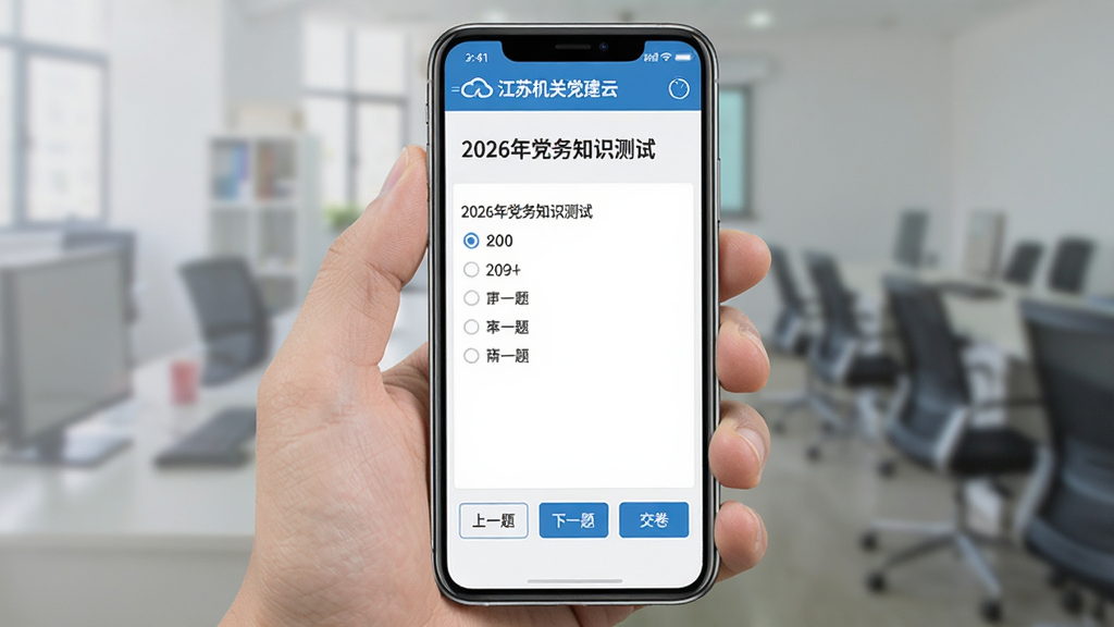 �ֻ���Ļչʾ�����ջ��ص����ơ�APP�����߿��Խ��棬�Ϸ���ʾ���Ա��⡰2026�굳��֪ʶ���ԡ����м��ǵ�ѡ��ѡ��·��С���һ�⡱����һ�⡱����������ť�����Ͻ���ʾ����ʱ�������࣬������ɫ����ƽ����ƣ����ʸɾ��޶���Ԫ��