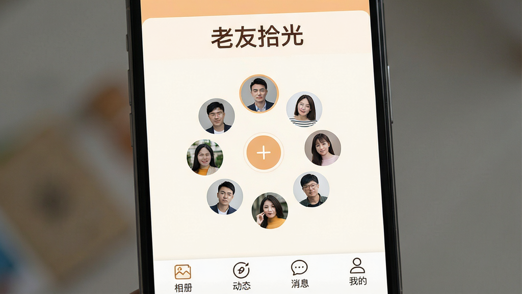 һ���ֻ���Ļ��ͼ��չʾ������ʰ�⡱APP�������棬���涥���С�����ʰ�⡱�ĸ��֣��м��Ǽ���Բ�κ���ͷ��Χ��һ��Ȧ��Ȧ������һ����+����ͼ�꣬�ײ��С���ᡱ������̬��������Ϣ�������ҵġ��ĸ�ѡ��������������£���ů��ɫ�͵���ɫΪ��ɫ�����������������ʸɾ����޶���Ԫ�ء�