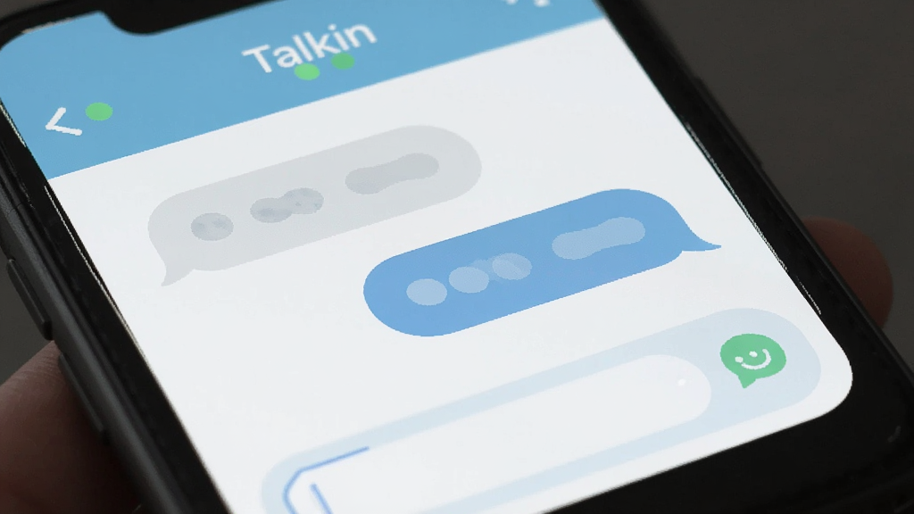 �ֻ���Ļ��д����ʾTalkin��������棬�����С�Talkin������������״̬���·��Ǽ��ĶԻ����ݺ������������岼���������Ű�ɾ�������ƽ����ϸ�ڰ���Բ����ƺ����ɫ�ʣ����ʸɾ��޶���Ԫ��