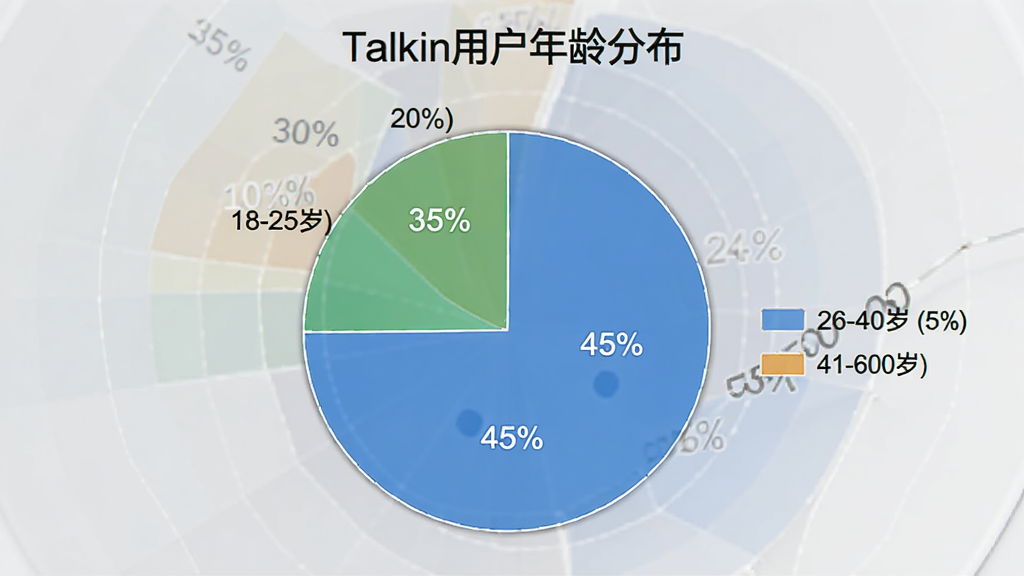 ��״ͼ����ʾTalkin�û�����ηֲ���18-25��ռ35%��26-40��ռ45%��41-60��ռ20%��ͼ������Ϊ��Talkin�û�����ֲ��������岼���������Ű�רҵ������࣬ϸ�ڰ����ٷֱȱ�ǩ��ͼ�������ʸɾ��޶���Ԫ��