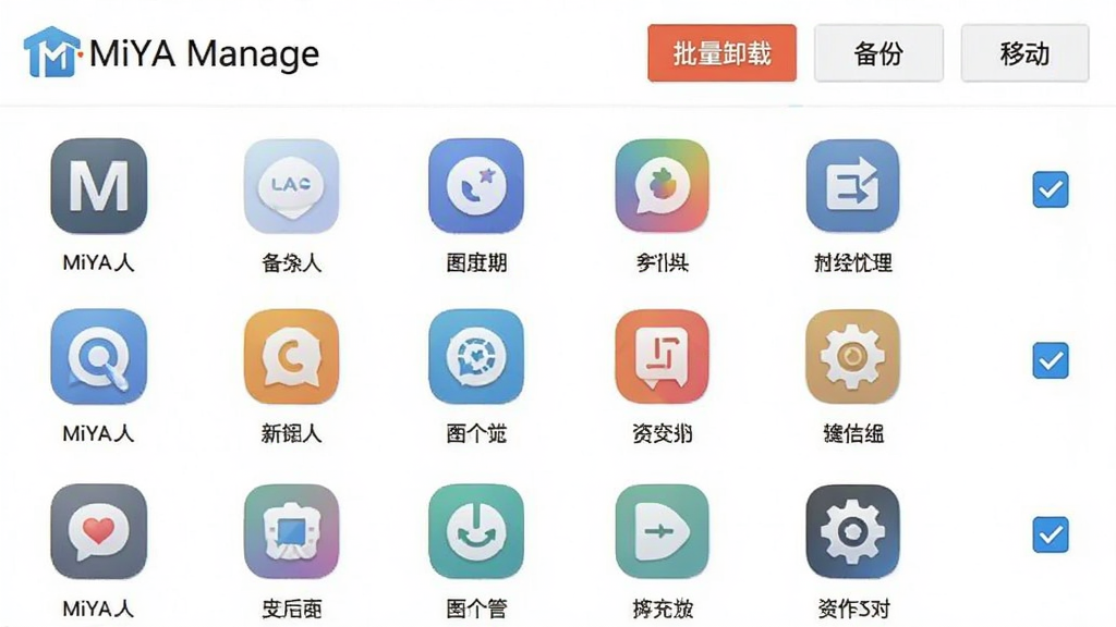 һ��MiYA Manage��Ӧ�ù��������ͼ���б���ʾ����Ӧ��ͼ������ƣ���ѡ����ѡ��״̬�������С�����ж�ء��������ݡ������ƶ����Ȱ�ť������Ϊ��ɫ��ͼ��ɫ�ʷḻ���������룬����࣬ͻ����MiYA Manage����Logo�����ʸɾ��޶���Ԫ�ء�