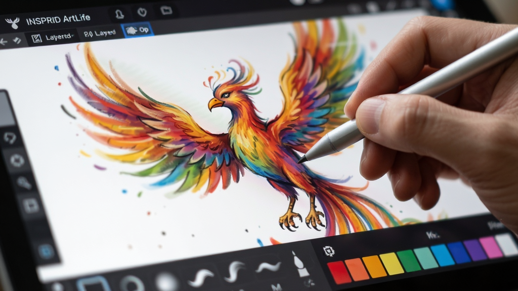 ���壺INSPRID ArtLife�Ļ�ͼ������д����ָ����Ļ���ô��رʻ���һֻɫ�ʰ�쵵ķ�ˡ����֣����涥����ʾ�������ƺ�ͼ��ѡ��ײ��Ǳ�ˢѡ������ɫ�̡��Ű棺����۽��ڱʴ���ϸ���ʸУ������黯�����дʵ��ϸ��չʾ���ḻ��ɫ�ʹ��ɺͱ�ˢѹ��Ч���������������ɾ��޶���Ԫ�ء�