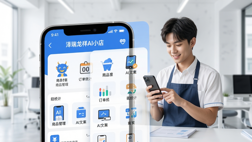 一张展示“泽瑞龙祥AI小店”APP核心功能的宣传海报,主体是手机界面截图拼贴,居中放置,背景是明亮的现代办公室,有年轻店主在使用手机,布局错落有致,风格扁平化设计,色彩以蓝白为主,细节包含商品管理、订单统计、AI文案等图标,画质干净清晰,无多余元素