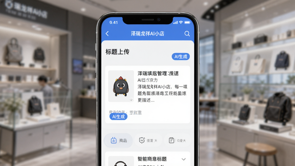 展示“泽瑞龙祥AI小店”智能商品管理功能的界面截图,主体是手机屏幕,显示商品上传页面,有AI自动填充的标题和描述,背景虚化,布局简洁,风格现代,细节有“AI生成”标签,画质干净,无多余元素
