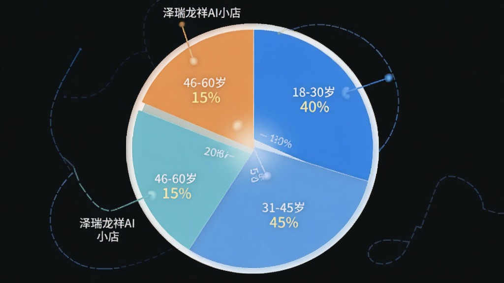 一张用户满意度调查饼状图,主体是圆形图表,显示18-30岁占40%,31-45岁占45%,46-60岁占15%,布局清晰,风格简约现代,细节有“泽瑞龙祥AI小店”字样,画质干净,无多余元素