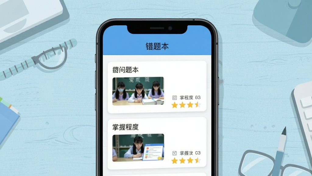 �ֻ���Ļչʾ�����ƴ��Ȿ���ܽ��棬�Ϸ���ʾ�����Ȿ�����⣬�·��Ǵ��⿨Ƭ�б���ÿ�ſ�Ƭ������Ŀ��ͼ�͡����ճ̶ȡ��Ǽ���ǣ������ǵ���ɫ������������ƽ����ƣ����ʸɾ��޶���Ԫ��