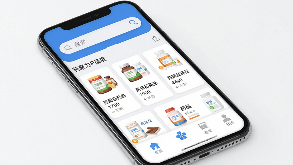 һ��չʾҩ�����ֻ�Ӧ��������ĸ����ͼ������Ϊ�����ֻ���Ļ����Ļ����ʾҩ����APP����ҳ�������������������в�ҩƷ�б��͵ײ�����ѡ��������������Ű��࣬�ִ���ƽ�����������ɫ����ϸ��Բ�󣬻��ʸɾ��޶���Ԫ��