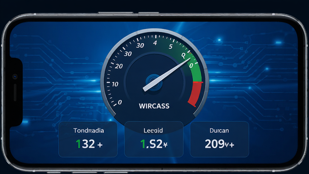 WIRCASS���ٹ��ܵĽ�����ƣ��������ֻ���Ļ����Ļ������ʾһ�������ٶ��Ǳ��̣�ָ��ָ����������·��ֱ��������ٶȡ��ϴ��ٶȡ��ӳ��������ݿ�Ƭ����������ɫ�Ƽ��з��������Ƽ��ֱ�ۣ����ʸɾ��޶���Ԫ�ء�