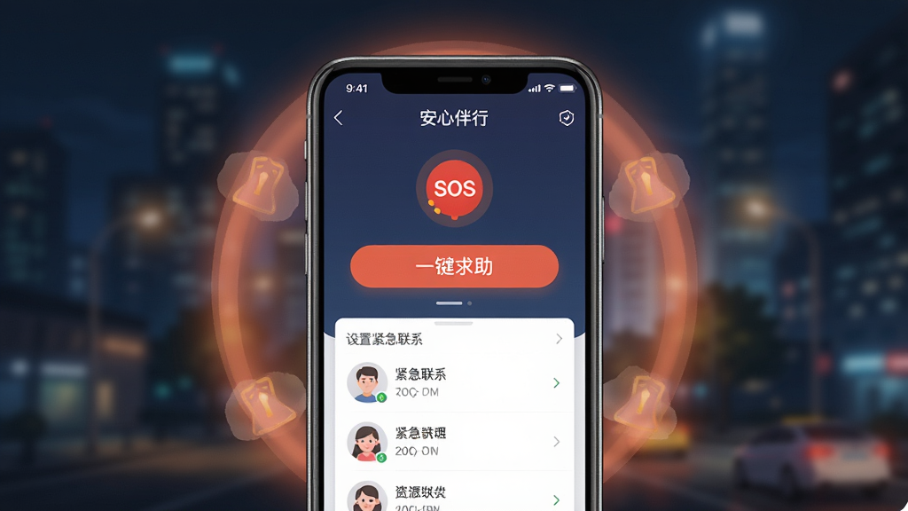 һ�����������������Ĳ廭������������һ���ֻ����ֻ���Ļ��ʾ�����İ��С�APP��SOS�����������棬�������С�һ���������Ĵ�ť����ť�·��������õĽ�����ϵ���б����ֻ���Χ����͵ľ�ʾ�⻷Ч����������ģ���ĳ���ҹ�������дʵ�Ҵ��пƼ��У����ʸɾ��޶���Ԫ�ء�