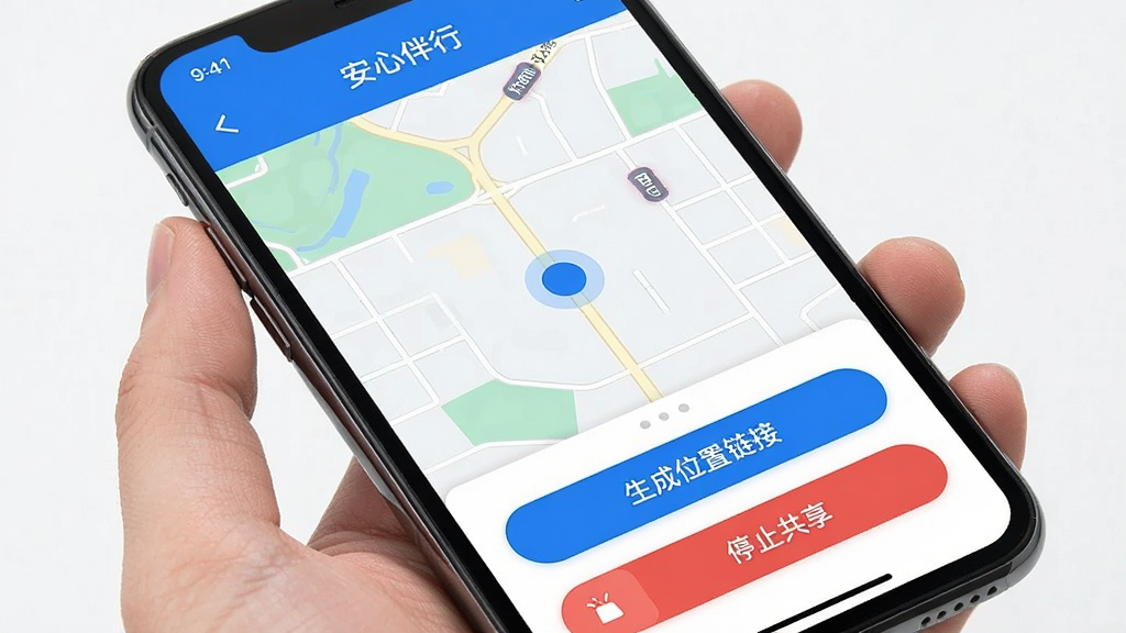 �ֻ���Ļչʾ�����İ��С�APP��ʵʱλ�ù������棬��ͼռ��Ļ���壬��ʾһ����ɫԲ������û���ǰλ�ã���ͼ�·���һ��������λ�����ӡ��İ�ť��һ����ֹͣ�������ĺ�ɫ��ť�����沼�����������ܱ�ʶ��ȷ����ɫ�Ͱ�ɫ����ɫ����������ִ������ʸɾ��޶���Ԫ�ء�