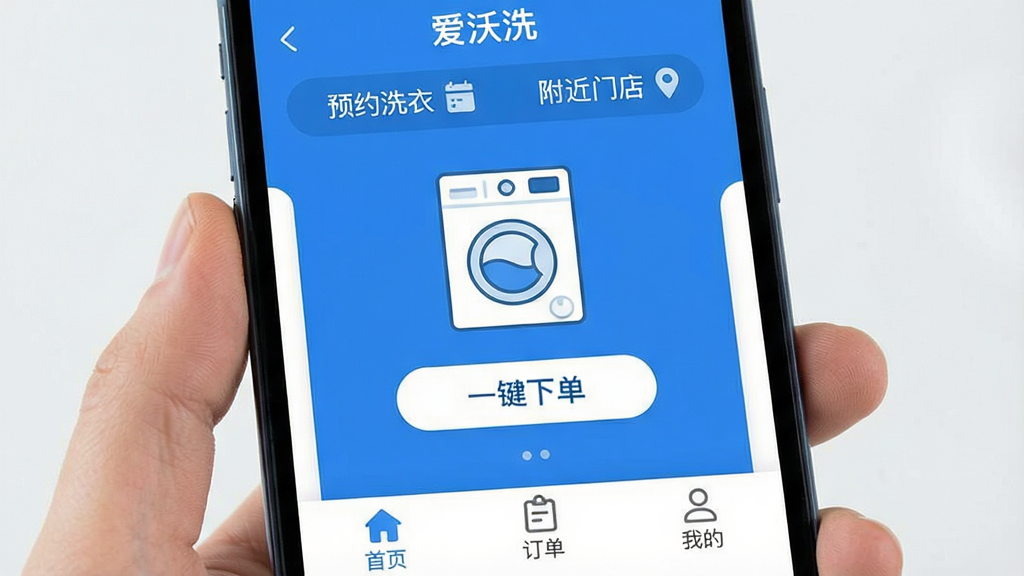 提示词:一个手机屏幕展示“爱沃洗”app主界面,界面风格简洁现代,以蓝白为主色调,顶部显示“预约洗衣”和“附近门店”,中间有一个干净的洗衣机图标和“一键下单”按钮,底部为“首页”、“订单”、“我的”三个选项卡,整体布局清晰,画质干净,无多余元素,主体突出,排版直观,风格扁平化设计,细节圆润。