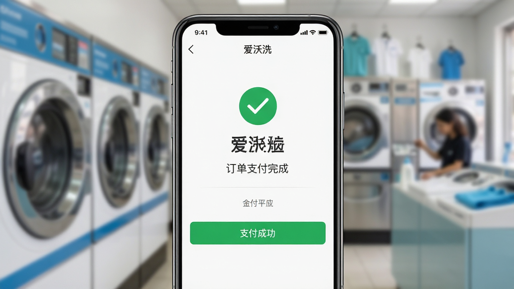 提示词:一张手机支付成功页面截图,显示“爱沃洗”app的订单支付完成界面,金额清晰,有“支付成功”绿色对勾标志,背景是模糊的洗衣店环境,整体风格写实,重点突出支付的安全和便捷,画质干净,无多余元素。