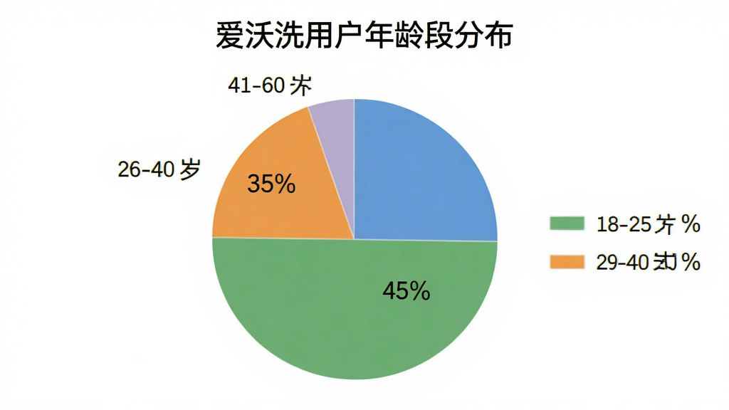 提示词:一个简洁明了的饼状图,展示“爱沃洗”用户年龄段分布,18-25岁占35%,26-40岁占45%,41-60岁占20%,每个部分用不同颜色区分,图例清晰,标题为“爱沃洗用户年龄段分布”,背景为白色,画质干净,无多余元素。