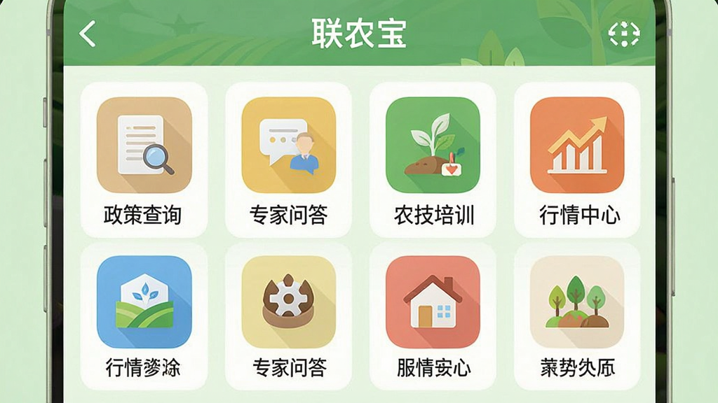 һ���ֻ�Ӧ�ý������ͼ��չʾ����ũ����App�ġ����������ҳ�棬�Թ�����ʽ���������š����߲�ѯ������ר���ʴ𡱡���ũ����ѵ�������������ġ��ȶ������ģ��ͼ�꣬ÿ��ͼ���·����������ֱ�ǩ�������ǵ���ɫ������������ֱ�ۣ���ƽ����ƣ�ϸ�ڷḻ�����ʸɾ���