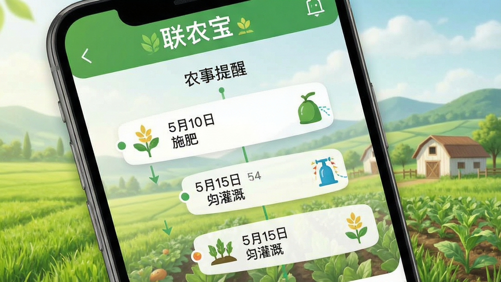 һ���ֻ�App�������ͼ�����涥����ʾ����ũ�����͡�ũ�����ѡ��������м���ʱ������ʽչʾ��5��10�� ʩ�ʡ�����5��15�� ��ȡ�����������Ա�������ͼ�꣬���������µ���԰��⣬����࣬��Ϣ���ӻ������ʸ��塣