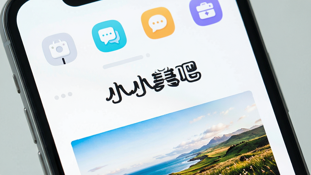 一张手机屏幕的特写,屏幕中间是“小小美吧”APP的主界面,界面布局简洁,上方是功能图标排列整齐,下方是一张风景照片的编辑预览,整体色调清新明亮,风格现代扁平,细节圆润,画质干净无多余元素,突出软件名称“小小美吧”。
