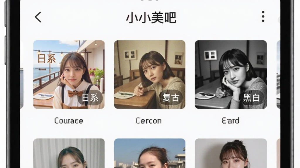 手机屏幕上展示“小小美吧”的滤镜选择界面,下方排列着各种风格的滤镜缩略图,如“日系”、“复古”、“黑白”等,每张缩略图上有对应的效果预览,界面设计简洁,风格现代,画质干净无多余元素,突出软件名称“小小美吧”。