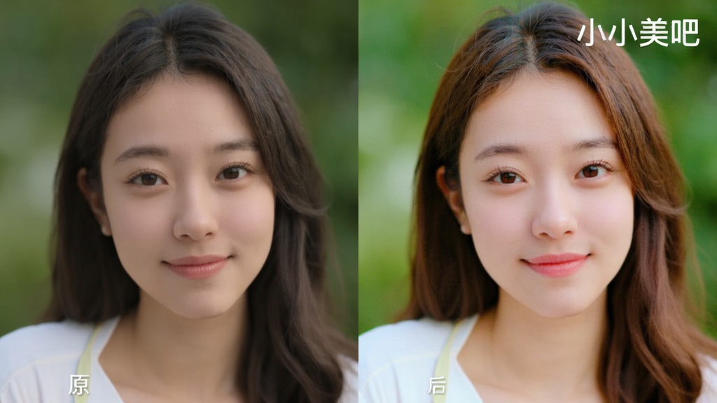 一张对比图,左边是原图,右边是经过“小小美吧”一键美化后的效果,色彩更鲜艳,光线更柔和,整体风格自然清晰,突出软件名称“小小美吧”在右上角的水印,画质干净无多余元素。