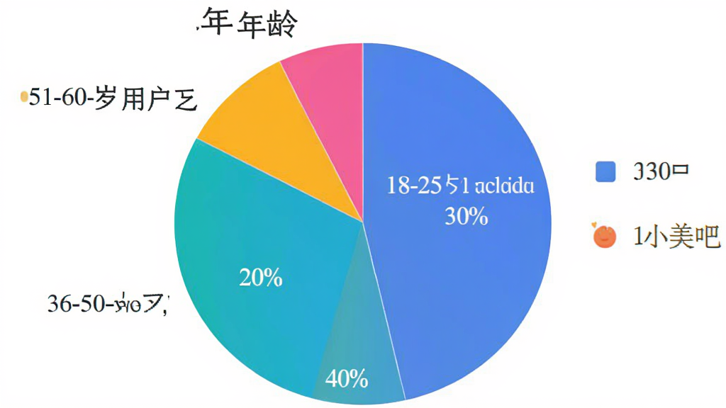一张用户年龄分布饼状图,图中显示18-25岁用户占30%,26-35岁用户占40%,36-50岁用户占20%,51-60岁用户占10%,图表风格简洁清晰,颜色鲜明,突出“小小美吧”用户群体广泛,画质干净无多余元素。