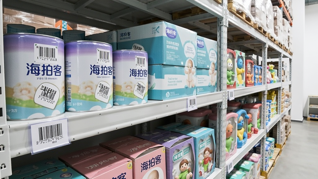 一张仓库货架的照片,货架上整齐摆放着各种母婴商品,如奶粉罐、纸尿裤箱、玩具盒,每件商品包装上印有