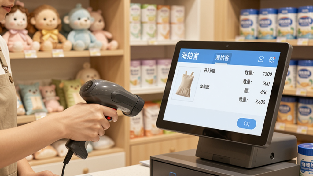 一张收银台场景,店员手持扫码枪扫描商品条码,旁边屏幕显示