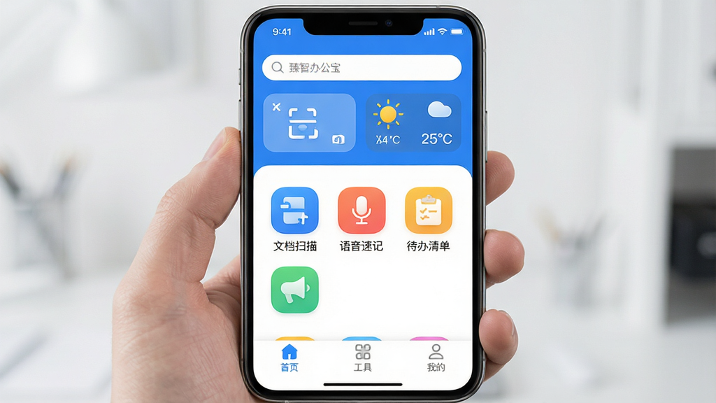 ���������������ֻ���Ļռ���Ӿ����ģ���Ļ��������ʾ�����ǰ칫����APP�������棬���������ִ���������ɫΪ����������������������С�������м��ǡ��ĵ�ɨ�衱���������ټǡ����������嵥���Ȳ�ɫ����ͼ�꣬�ײ��ǡ���ҳ���������ߡ������ҵġ�����ѡ������岼����ˬ��ϸ��Բ�󣬻��ʸɾ��޶���Ԫ�ء�