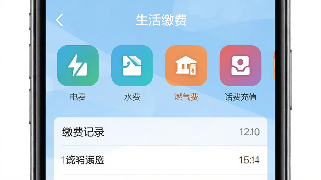 ����e����APP����ɷѹ��ܽ��棬��Ļ��ʾ������ɷѡ�ҳ�棬�����е�ѡ�ˮ�ѡ�ȼ���ѡ����ѳ�ֵ�Ȳ�ɫͼ�꣬�·��ǽɷѼ�¼�б�������Ϊǳ��ɫ����������������ƽ�������ʸɾ��޶���Ԫ��