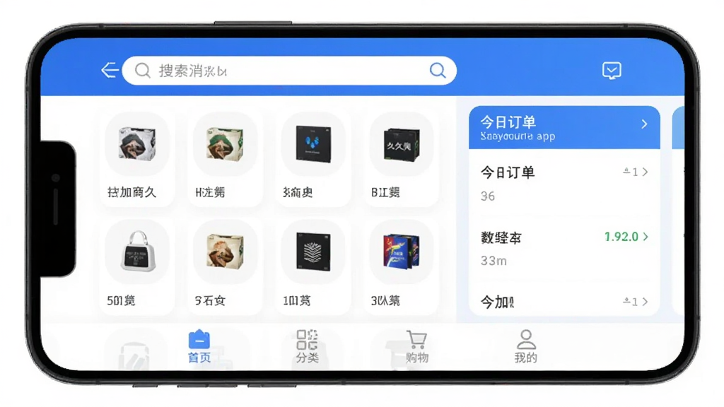 ͼƬչʾ�üӾ�����App�����������棬�ֻ���Ļ������ʾ��Ʒ��������ͽ��ն���������Ƭ������������������Ϣͼ�꣬�ײ�����������ҳ�����ࡢ���ﳵ���ҵ��ĸ���ǩ���������ִ���Լ��������ɫ��UI�������������ʸɾ��޶���Ԫ�ء�