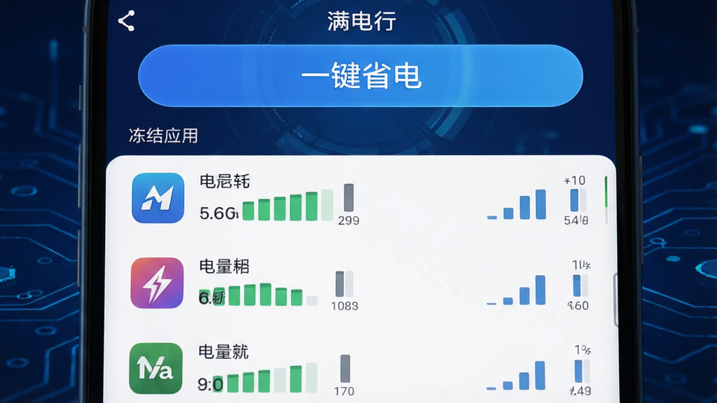 �������С�App����ʡ������ͼ����Ļ��ʾ�Ѷ���Ӧ���б���ÿ��Ӧ�����е���������״ͼ�������С�һ��ʡ�硱��ť������Ϊ����ɫ�Ƽ���������������Ű����࣬���ʸ��壬�޶���Ԫ��