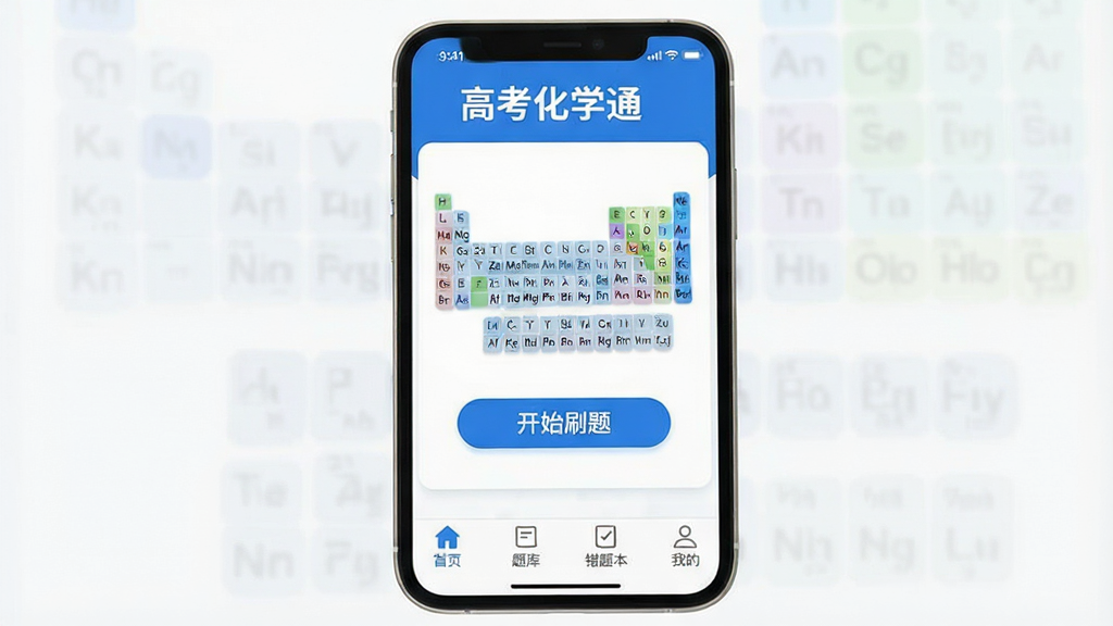 һ���ֻ���Ļչʾ�߿���ѧͨAPP�����棬����������Ϊ��ɫ����������ʾ���߿���ѧͨ���������м��ǻ�ѧԪ�����ڱ�ͼ��͡���ʼˢ�⡱��ť���ײ��С���ҳ������⡱�����Ȿ�����ҵġ��ĸ�ѡ��������Ű�����������ִ���ƽ��ϸ��Բ�󣬻��ʸɾ��޶���Ԫ�ء�