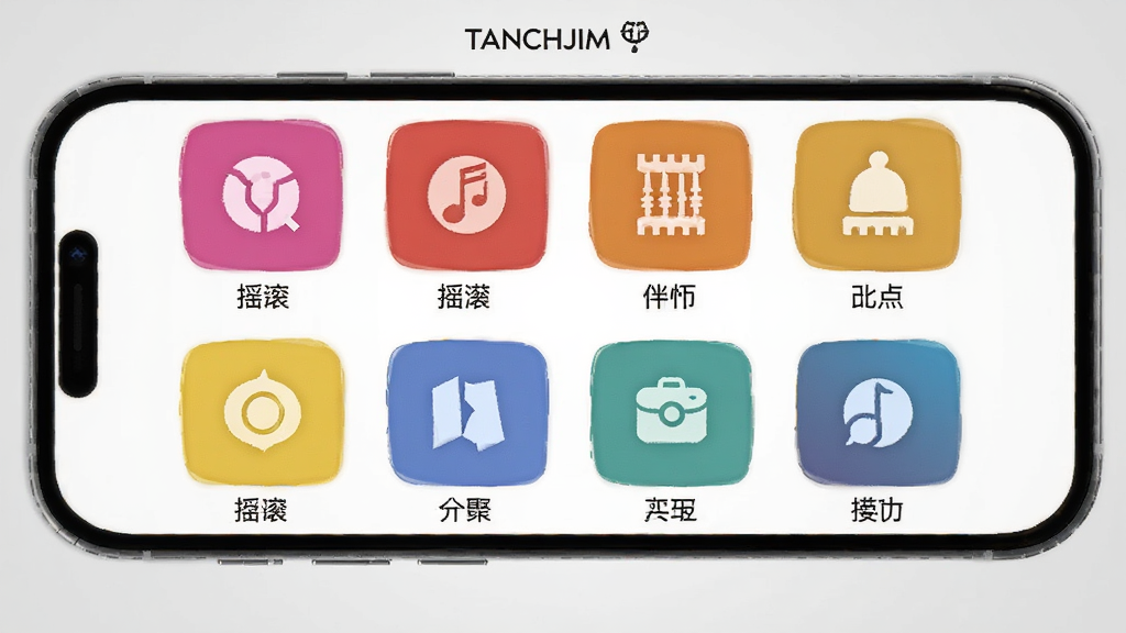 һ��չʾTANCHJIM����Ԥ����Чģʽ��ͼƬ�������������ֻ���Ļ����Ļ�����������С�ҡ�����ŵ�Ȳ�ɫͼ�갴ť��ÿ��ͼ���·������ı�ǩ��������ǳ��ɫ��������������죬���ʸɾ��޶���Ԫ�ء�