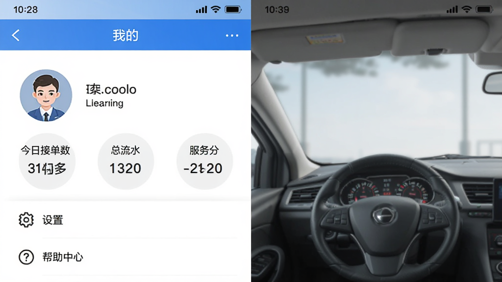 ˾����㳵��app�ġ��ҵġ�ҳ�棬��ʾ����ͷ���ǳơ����սӵ���������ˮ������֣��·��ǡ����á������������ġ������������ǡ��Ȳ˵���������࣬�԰�ɫΪ�ף���ɫ��׺�����ʸɾ���