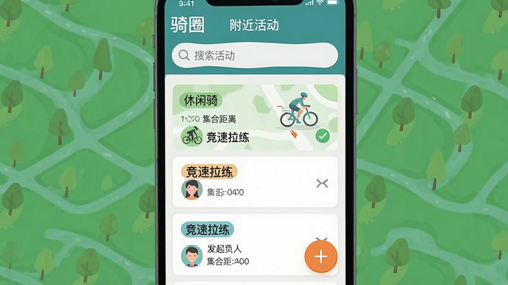 手机界面截图风格插画,展示“骑圈”APP的“附近活动”页面,顶部是搜索栏,下方以卡片式列表展示几个骑行活动,每个卡片上有“休闲骑”、“竞速拉练”等标签,以及发起人头像、集合时间和距离,右下角有一个醒目的橙色“+”发布按钮,界面扁平化设计,信息层级清晰,画质干净聚焦。