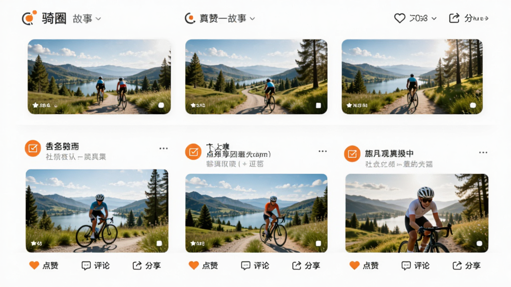 社区信息流界面插画,模拟“骑圈”APP的社区页面,顶部是故事卡片,下面是一篇篇图文帖子,配图是风景优美的骑行照片,帖子底部有“点赞”、“评论”和“分享”的小图标,界面以白色为底,搭配橙色点缀,整体风格简洁明亮,传递出真实、友好的社区氛围,画质干净。