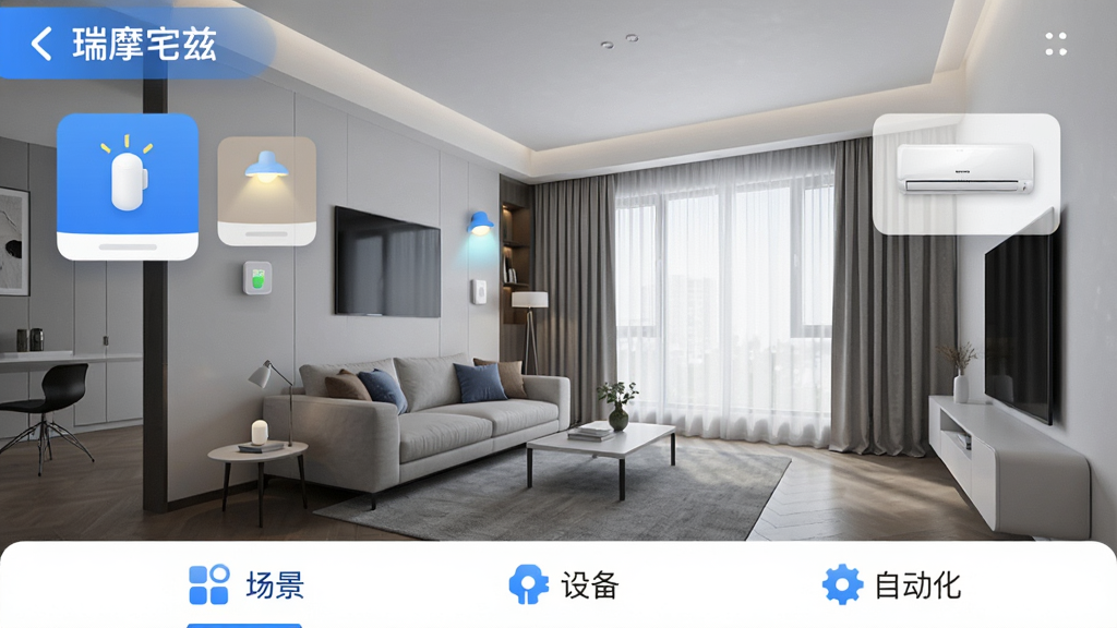 һ��չʾ����Ħլ�ȡ�App������ĸ����ͼ������������һ���ִ���������ȫ��ͼ��ǽ���ϵ����ܵƹ⡢�������յ����Կ�Ƭ��ʽ������ʾ���ײ��С������������豸�������Զ�����������ǩ�����������ƽ����������ɫ��ͼ��Բ�󣬻��ʸɾ����޶�������