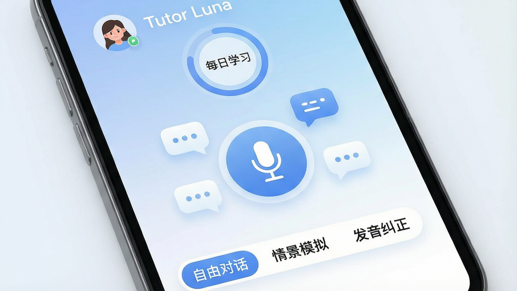 一张智能手机屏幕特写,屏幕中央显示“Tutor Luna”应用主界面,界面以柔和的蓝白渐变为主色调,顶部是用户头像和每日学习进度环,中间有一个大大的麦克风按钮,周围漂浮着对话气泡图标,底部是“自由对话”“情景模拟”“发音纠正”三个选项卡,整体排版简洁现代,扁平化设计风格,细节圆润,画质干净明亮,无多余元素。