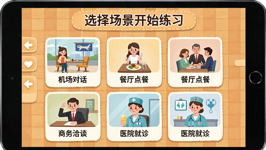 展示“Tutor Luna”的情景模拟选择界面,屏幕上以卡片形式排列着“机场对话”“餐厅点餐”“商务洽谈”“医院就诊”等场景图标,每个图标都配有生动的插画,背景是暖色调的网格布局,顶部有“选择场景开始练习”的标题,整体风格活泼亲切,画质干净,无多余元素。