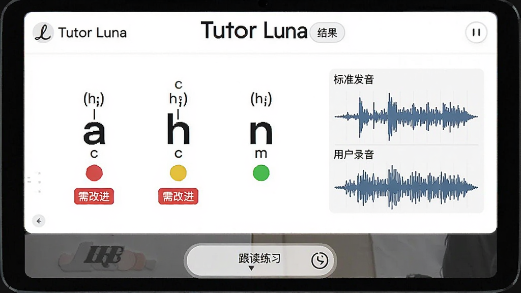 一张“Tutor Luna”发音评测的结果页面,页面中央显示一个单词的音标分解图,每个音素下方标注了红黄绿三种颜色的评分圆点,红色部分标有“需改进”标签,右侧是标准发音和用户录音的波形对比图,底部有“跟读练习”按钮,界面以白色为底,数据可视化清晰,画质干净无多余元素。