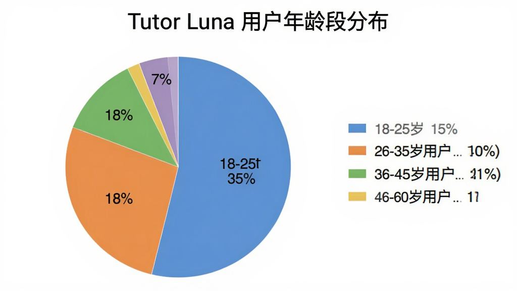 一张饼状图,标题为“Tutor Luna 用户年龄段分布”,图中显示18-25岁用户占35%,26-35岁用户占40%,36-45岁用户占18%,46-60岁用户占7%,每个扇区用不同颜色区分,图例在右侧,整体设计简洁清晰,白色背景,画质干净,无多余元素。