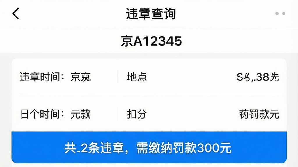 һ���ֻ���ͼ��չʾ�����ٳ�����App��Υ�²�ѯ���ҳ�棬ҳ�涥����ʾ��Υ�²�ѯ������ͳ��ƺš���A12345�����·����б���ʽչʾΥ�¼�¼��ÿ����¼����Υ��ʱ�䡢�ص㡢�۷ֺͷ�������һ���ø�����ɫ��ʾ����2��Υ�£�����ɷ���300Ԫ����������������Ϣ���ˣ�����࣬���ʸɾ���