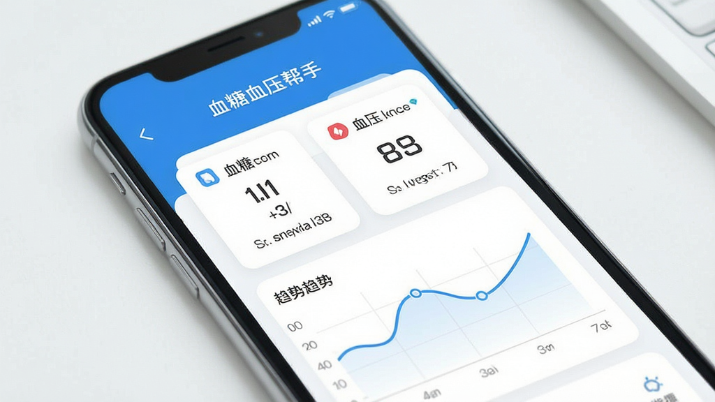 һ��չʾ�ֻ�Ӧ�ý���ĸ���ͼƬ�������ǡ�Ѫ��Ѫѹ���֡�App�������棬���ü���ִ���ƽ����Ʒ��������ɫΪ������Ļ��������ʾѪ�Ǻ�Ѫѹ����ֵ��Ƭ���·�����������ͼ�����岼�ָɾ����࣬����ϸ�壬�޶���Ԫ�ء�