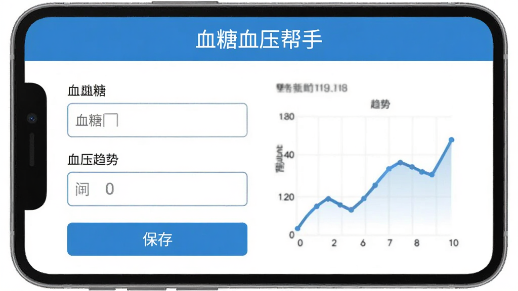 չʾ��Ѫ��Ѫѹ���֡�App�����ݼ�¼���棬�����������ı���ҳ�棬����Ѫ�Ǻ�Ѫѹ��������·��б��水ť���Ա���ʾһ��С����������ͼ�����岼�ּ�����ˣ�������ɫ����ƽ����񣬻��ʸɾ����޶���Ԫ�ء�