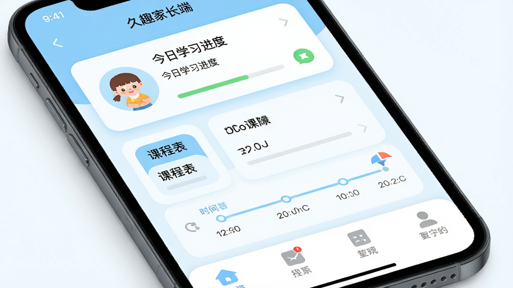 һ���ֻ���Ļ��д����Ļ����ʾ����Ȥ�ҳ��ˡ�APP�������棬�Ϸ��Ǻ��ӽ���ѧϰ���ȿ�Ƭ���м��ǿγ̱���ʱ���ᣬ�ײ����ĸ�����ѡ�������UI��ǳ��ɫ�Ͱ�ɫΪ������ƽ����ƣ�Բ�ǿ�Ƭ�����ʸɾ��������޶���Ԫ�ء�
