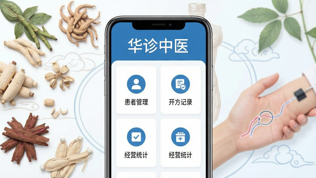 一张展示华诊中医软件核心功能的宣传图,主体为一部手机屏幕,屏幕上清晰显示“华诊中医”四个字,界面布局包含患者管理、开方记录、经营统计等模块图标,背景是淡雅的中医药材和脉诊元素,风格扁平现代,色调以蓝白为主,细节丰富,画质干净无多余元素。