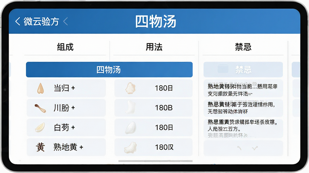 һ�š�΢���鷽����������ҳ�Ľ��棬����Ϊ�������������������·�����չʾ����ɡ����÷��������ɡ������С���ɡ���Ŀ���г����顢��ܺ�����֡���ػ���ζҩ�ģ�ÿζҩ�����ע�������������չʾ�������������Ű����࣬������ɫ���ִ���Լ��񣬻��ʸɾ�