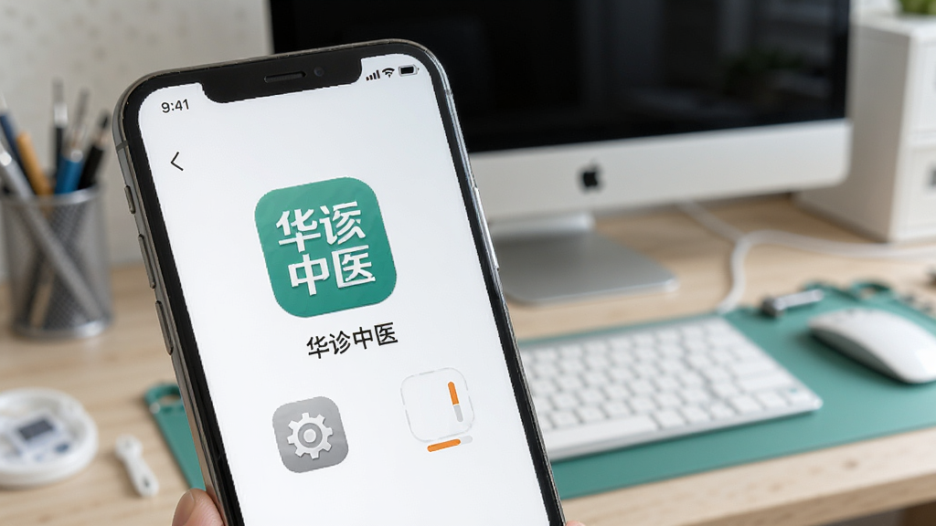 一张展示华诊中医安装与使用场景的图片,主体为一部手机正在安装应用,屏幕上有“华诊中医”图标,旁边有设置齿轮和存储空间指示,背景是工作台和电脑,风格写实,细节清晰,画质干净。
