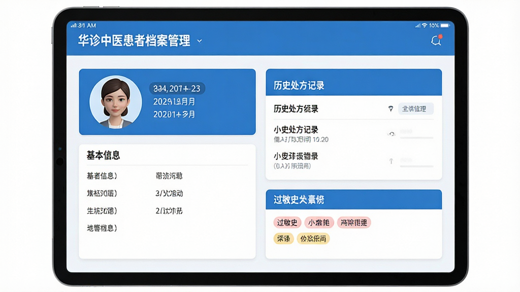 一张展示华诊中医患者档案管理功能的界面截图,主体为平板电脑,屏幕上显示一位虚拟患者的详细档案,包含基本信息、历史处方记录和过敏史标签,布局清晰,排版整齐,风格现代简洁,蓝白配色,细节包括头像和日期标识,画质干净无多余元素。