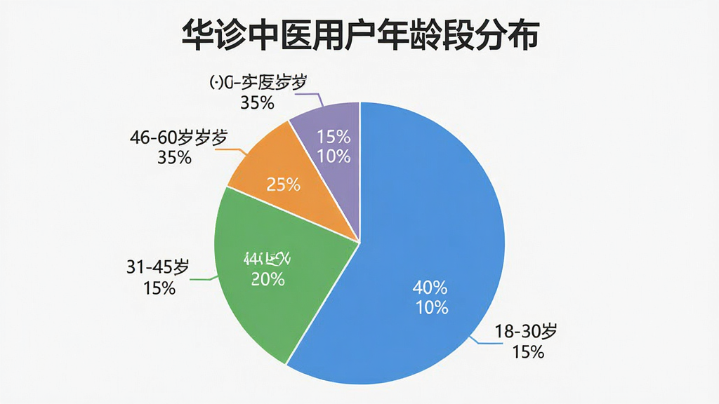 一张展示用户评价的图片,主体为饼状图,标题为“华诊中医用户年龄段分布”,分为18-30岁占15%,31-45岁占40%,46-60岁占35%,60岁以上占10%,风格简洁,配色清晰,细节有百分比标签,画质干净。