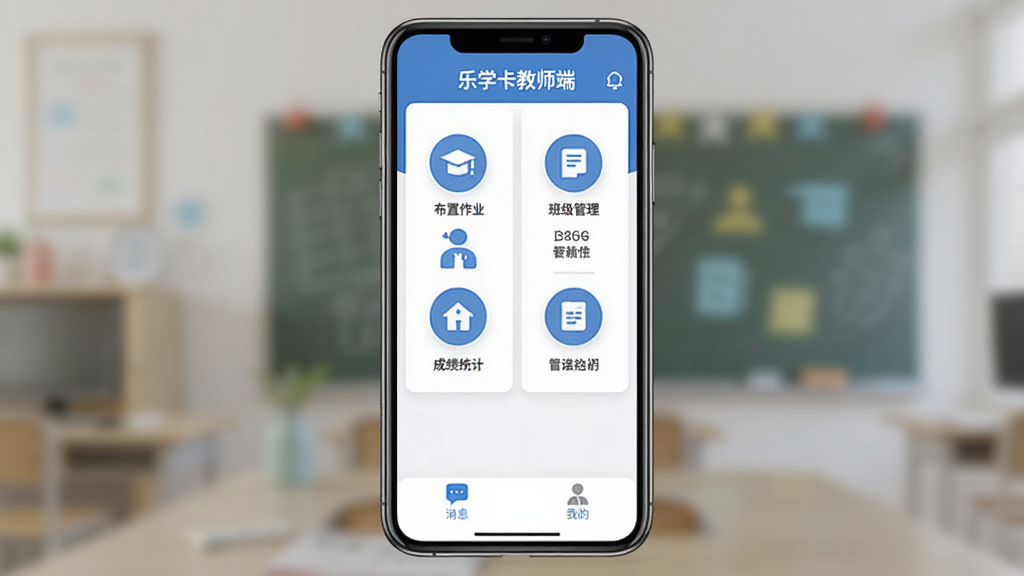 ͼƬչʾ��ѧ����ʦ��APP���ֻ��ϵ������棬������������ɫΪ����������ʾ����ѧ����ʦ�ˡ��������м��������Ĺ���ͼ�����У�����������ҵ���༶�������ɼ�ͳ�Ƶȣ��ײ�����Ϣ���ҵ�����ѡ����������ִ�����ƽ����ƣ����ʸɾ��޶���Ԫ�ء�